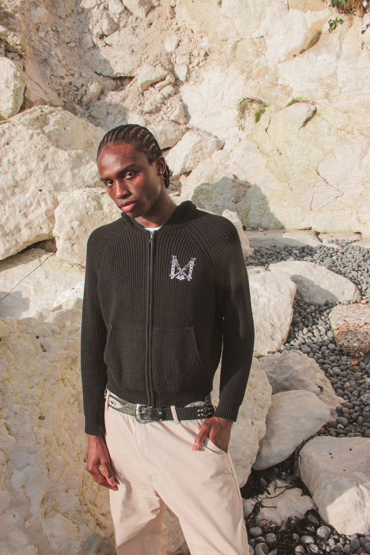 RIB KNITTED ZIP THROUGH HOODIE